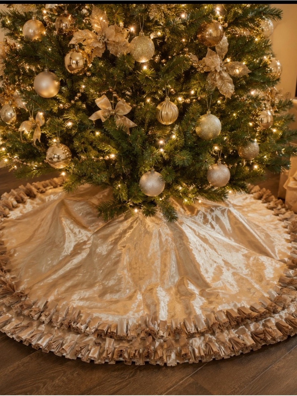 Vintage Gold Satin Christmas Tree Skirt 50” Ruffled Fringe Trim Shabby Chic